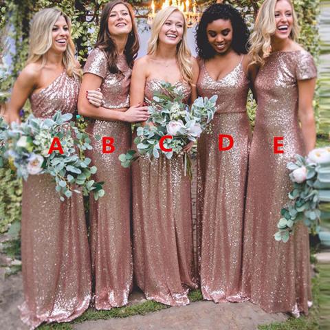 Robes de demoiselle d'honneur sexy à paillettes or rose, longues robes d'invitée de mariage