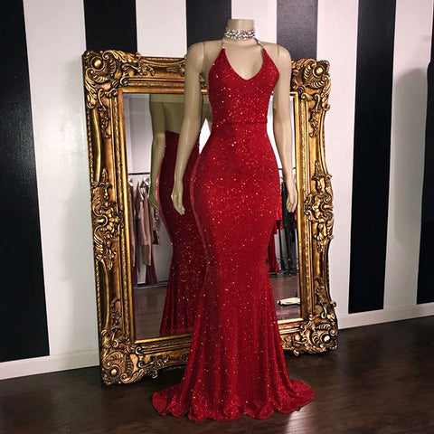 Vestidos de fiesta sirena sin mangas con lentejuelas sexys | Vestidos de noche rojos con cuello halter y brillo
