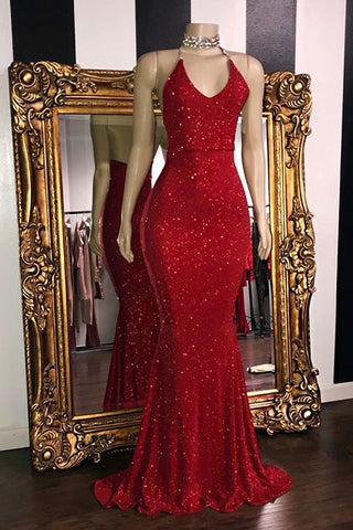 Vestidos de fiesta sirena sin mangas con lentejuelas sexys | Vestidos de noche rojos con cuello halter y brillo