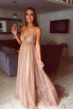 Sexy Sexy Deep V-Neck Spaghetti-Strapss Prom Dress Sequins Long