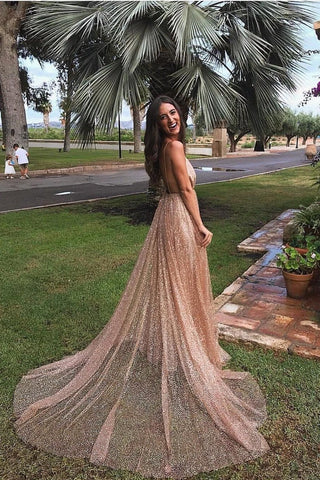 Sexy Sexy Deep V-Neck Spaghetti-Strapss Prom Dress Sequins Long