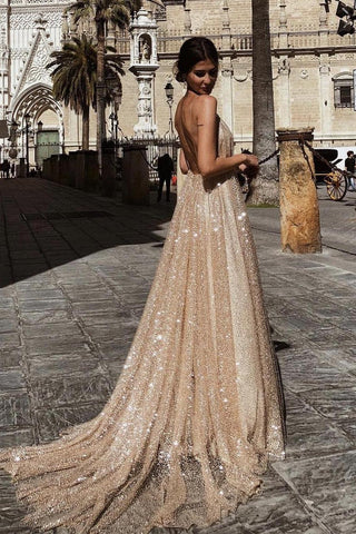 Sexy Sexy Deep V-Neck Spaghetti-Strapss Prom Dress Sequins Long