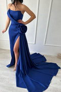 Vestido de fiesta largo, sexy y sencillo, azul real, sin tirantes, de satén con abertura