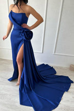 Vestido de fiesta largo, sexy y sencillo, azul real, sin tirantes, de satén con abertura