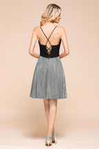 Robe de soirée courte et sexy sans manches, col V lumineux et poches