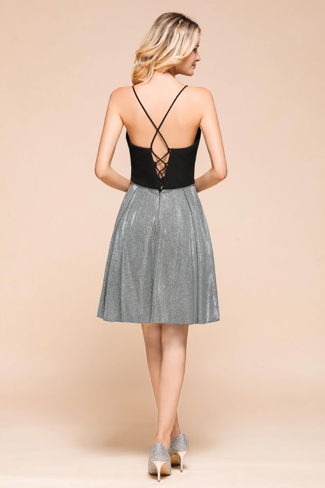 Robe de soirée courte et sexy sans manches, col V lumineux et poches