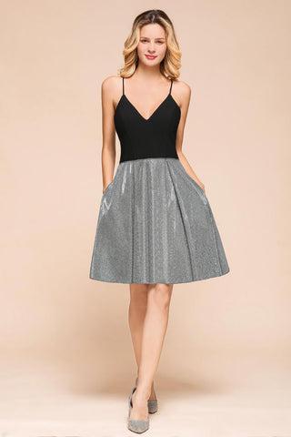 Robe de soirée courte et sexy sans manches, col V lumineux et poches