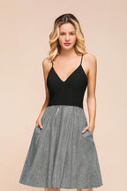Robe de soirée courte et sexy sans manches, col V lumineux et poches