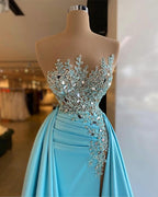 Vestido de sirena sexy sin mangas con lentejuelas brillantes y cola desmontable