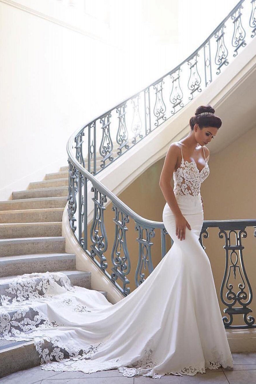 Robe de mariée sexy à fines bretelles | Robe de mariée sirène en mousseline et dentelle 