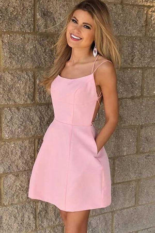 Vestido corto rosa sexy de tirantes finos para baile de bienvenida con bolsillos PD102