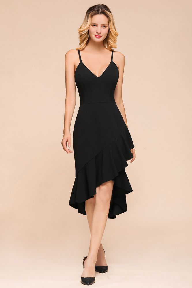 Robe de soirée sexy à fines bretelles, décolleté cœur, coupe asymétrique, dos nu vintage, noire