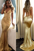 Sexy Spaghetti-Strapss Backless Mermaid Prom Dress Sequins V-Neck Chiffon Gold Long