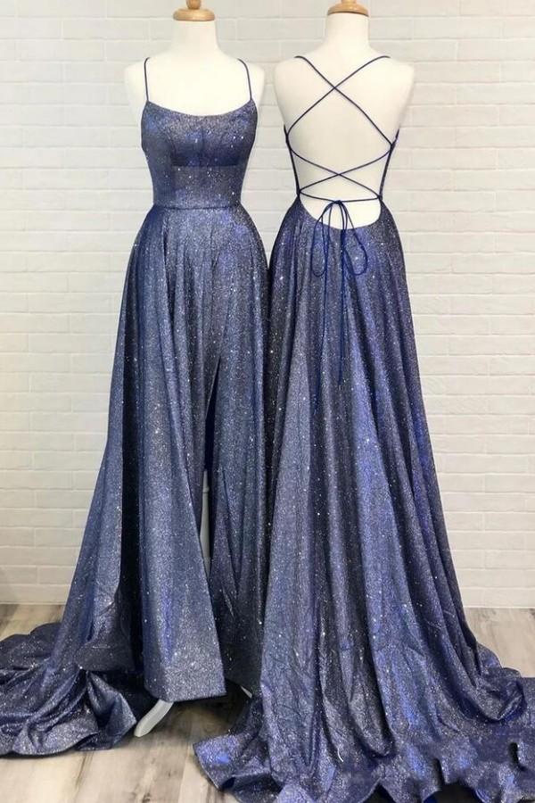Sexy Spaghetti-Strapss Backless Sequins Prom Dress Long