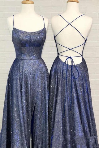 Sexy Spaghetti-Strapss Backless Sequins Prom Dress Long