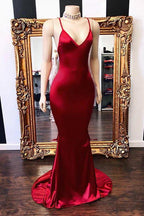 Sexy Spaghetti-Strapss V-Neck Mermaid Prom Dress Red Long Chiffon