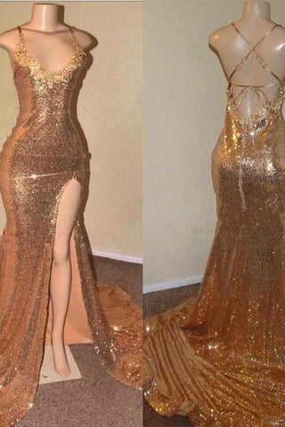 Vestido de fiesta sirena con tirantes finos, escote en V, lentejuelas, largo de gasa dorada con abertura