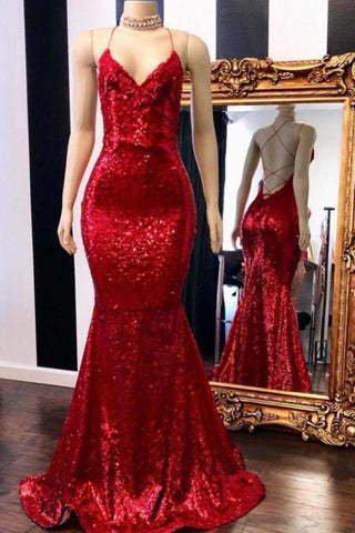 Sexy Spaghetti-Strapss V-Neck Mermaid Prom Dress Sequins Red Long