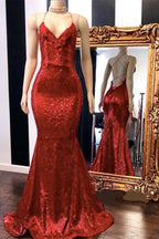 Sexy Spaghetti-Strapss V-Neck Mermaid Prom Dress Sequins Red Long