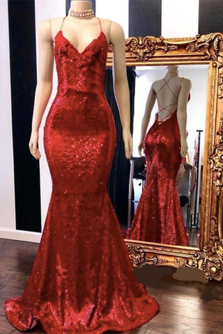 Sexy Spaghetti-Strapss V-Neck Mermaid Prom Dress Sequins Red Long