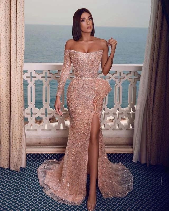 Vestidos largos de fiesta sirena sexys, brillantes, color champán rosado, con un solo hombro y abertura lateral