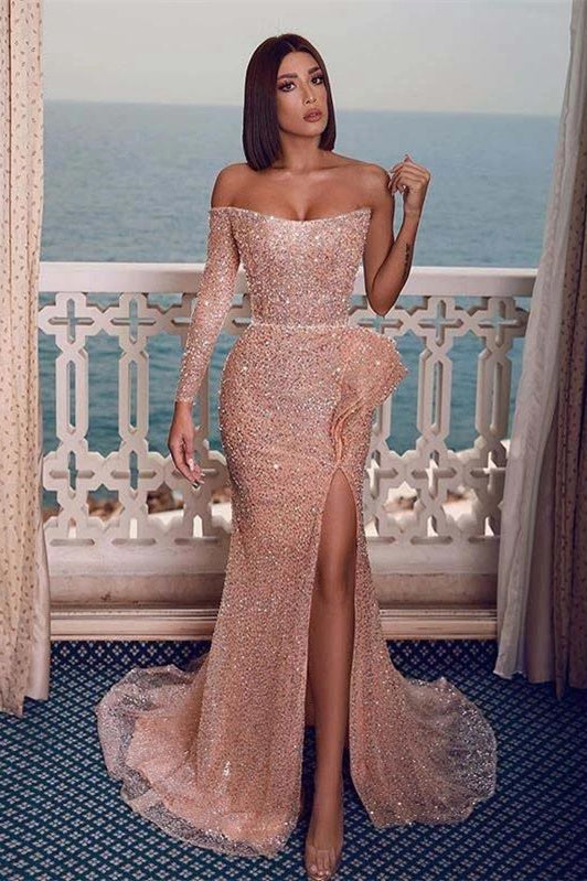 Vestidos largos de fiesta sirena sexys, brillantes, color champán rosado, con un solo hombro y abertura lateral