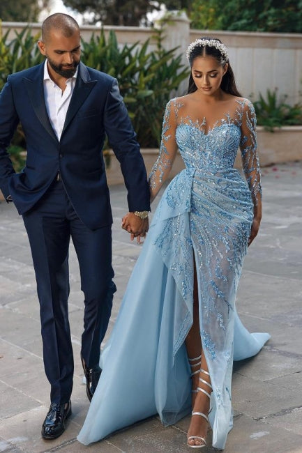 Sexy Sparkly Long Sleeves Mermaid Prom Dresses Evening Gowns With Lace