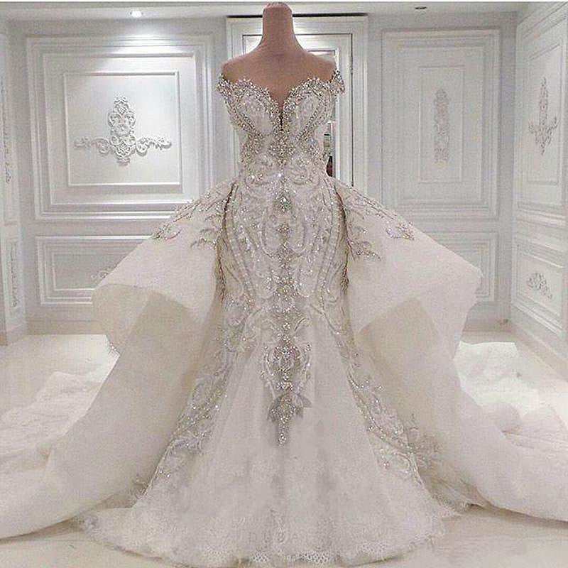 Vestidos de novia de sirena, sexis, sin tirantes, con cristales y sobrefalda de cola larga 