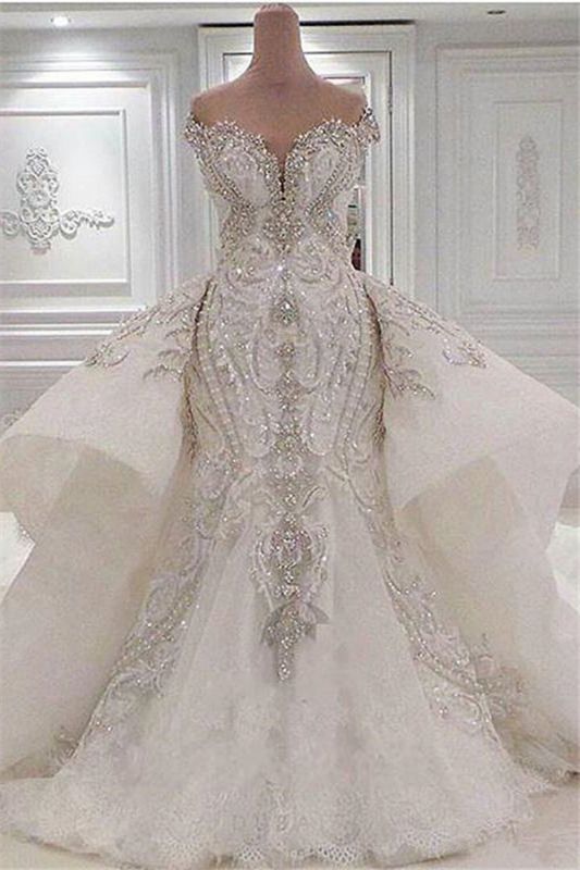 Vestidos de novia de sirena, sexis, sin tirantes, con cristales y sobrefalda de cola larga 
