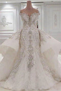 Vestidos de novia de sirena, sexis, sin tirantes, con cristales y sobrefalda de cola larga 