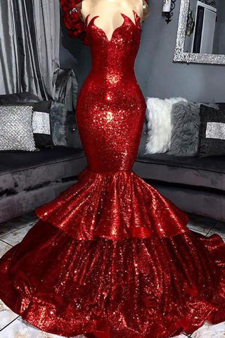 Sexy Strapless Mermaid Red Prom Dress Sequins Long