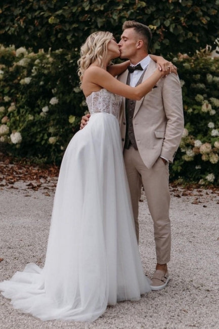 Robes de mariée sexy sans bretelles, fourreau, en tulle long jusqu'au sol, ornées d'appliqués 