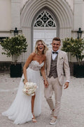 Robes de mariée sexy sans bretelles, fourreau, en tulle long jusqu'au sol, ornées d'appliqués 