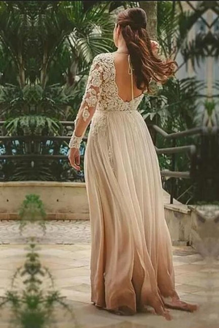 Robe de mariée bohème sexy en mousseline de soie, coupe trapèze, manches longues, dos nu, à décolleté cœur