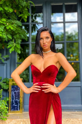 Sexy Sweetheart Burgundy Evening Gowns Split Prom Dress Long