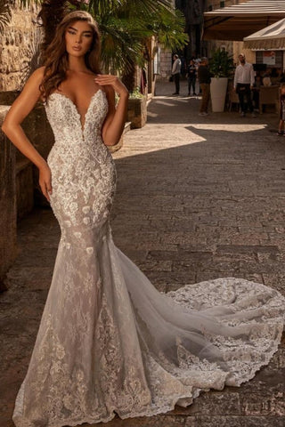 Vestidos de novia de sirena sin mangas con encaje y escote corazón, sexis y sexys