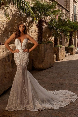 Vestidos de novia de sirena sin mangas con encaje y escote corazón, sexis y sexys