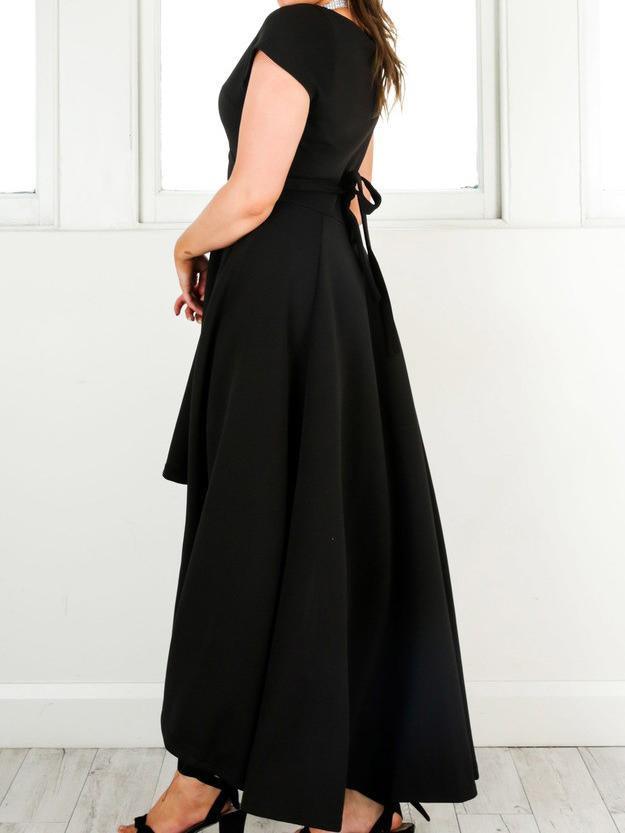 Vestido sexy de satén con escote en V, mangas cortas y corte asimétrico para baile de bienvenida PD073