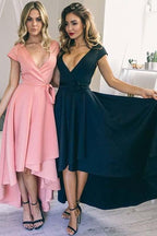 Vestido sexy de satén con escote en V, mangas cortas y corte asimétrico para baile de bienvenida PD073