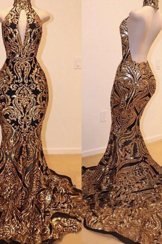 Sexy V-Neck Halter Backless Mermaid Prom Dress Gold Sequins Long Backless