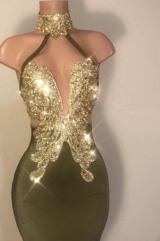 Robe de bal sirène sexy à col V et dos nu, sequins en mousseline verte, longue dos nu