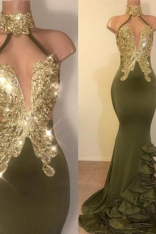 Robe de bal sirène sexy à col V et dos nu, sequins en mousseline verte, longue dos nu