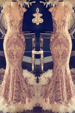 Sexy V-Neck Halter Mermaid Prom Dress Gold Sequins Long Backless