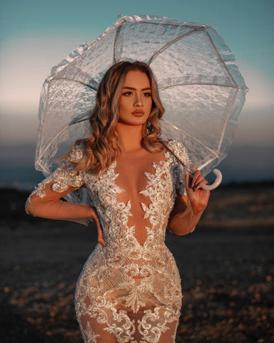 Vestidos de novia de sirena con encaje y escote en V, estilo sexy, con mangas.