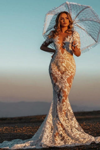 Vestidos de novia de sirena con encaje y escote en V, estilo sexy, con mangas.