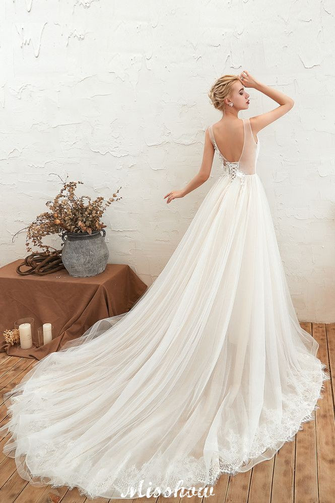 Robe de mariée princesse sexy en tulle à col en V avec applications de dentelle