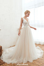 Robe de mariée princesse sexy en tulle à col en V avec applications de dentelle