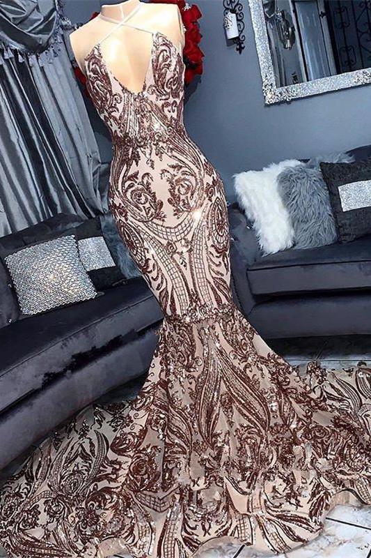 Sexy V-Neck Sequins Sleeveless Mermaid Long Prom Dress
