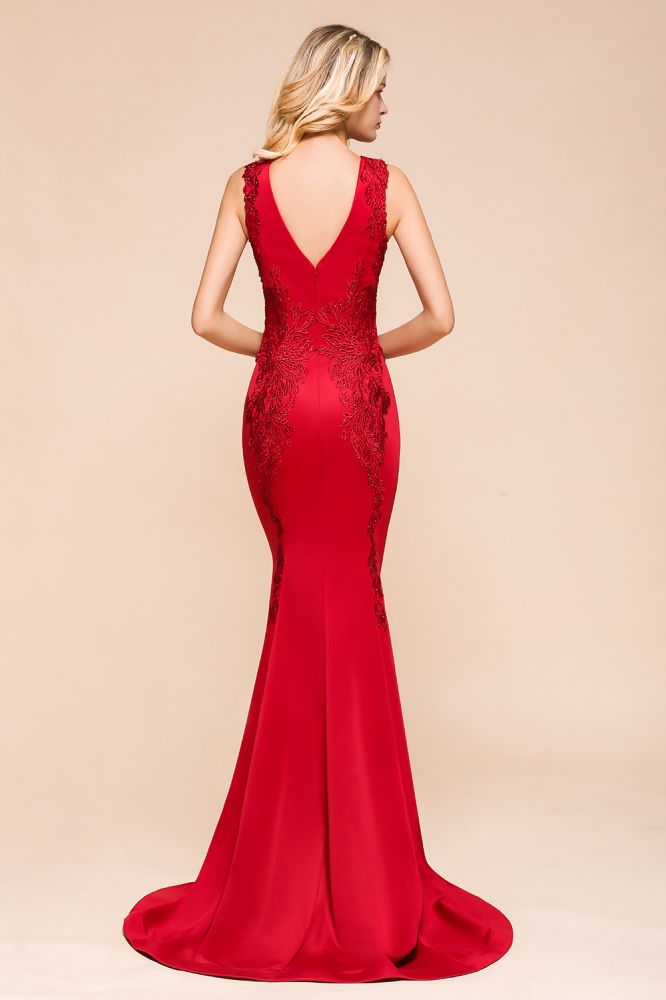 Robe de soirée sirène sexy sans manches à col en V et traîne à fleurs