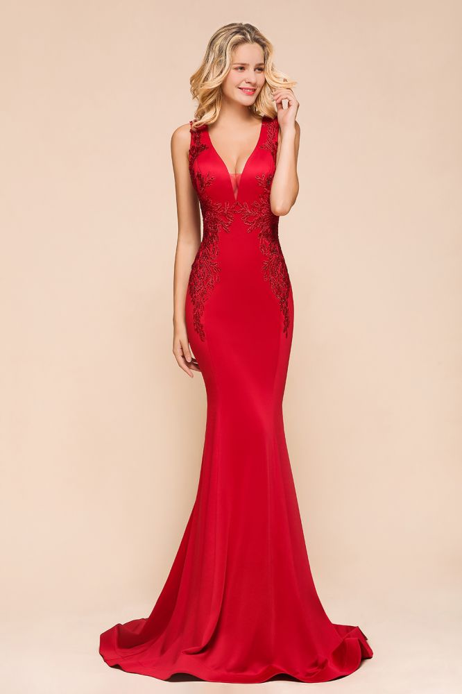 Robe de soirée sirène sexy sans manches à col en V et traîne à fleurs